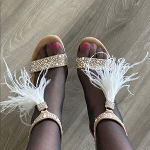 Tan and White Feather Embellished Heels